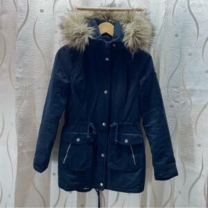 Hollister Sherpa‎ Lined Parka Jacket Womens Small Navy  Faux Fur Hood Excellent